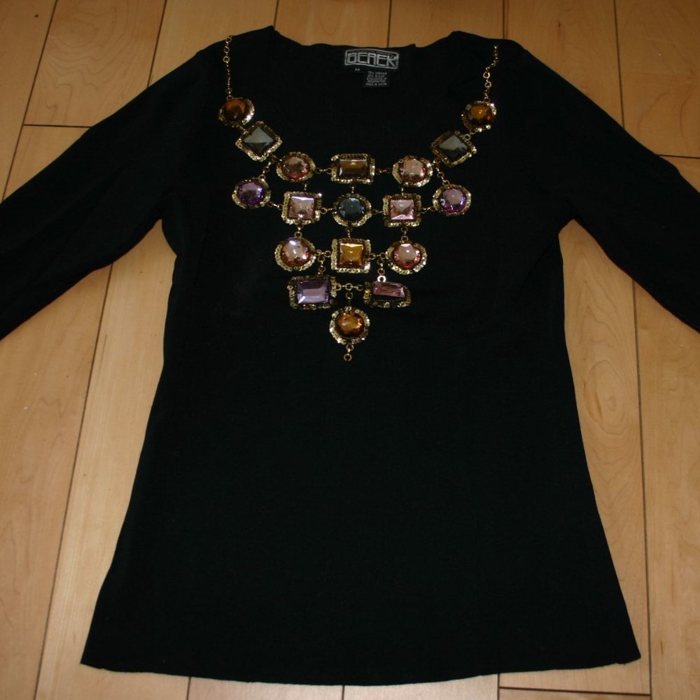 BEREK Black Sweater Be-Jeweled and Dramatic Medium